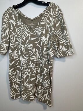 J. Jill Olive Leaf-Print Pima Double V-Neck Elbow Sleeve Tunic Tee